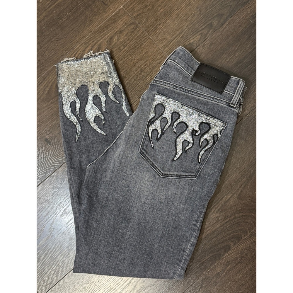 Lucky Brand Jeans 12 31 Bridgette High Rise‎ Skinny Silver Glitter Flame Custom